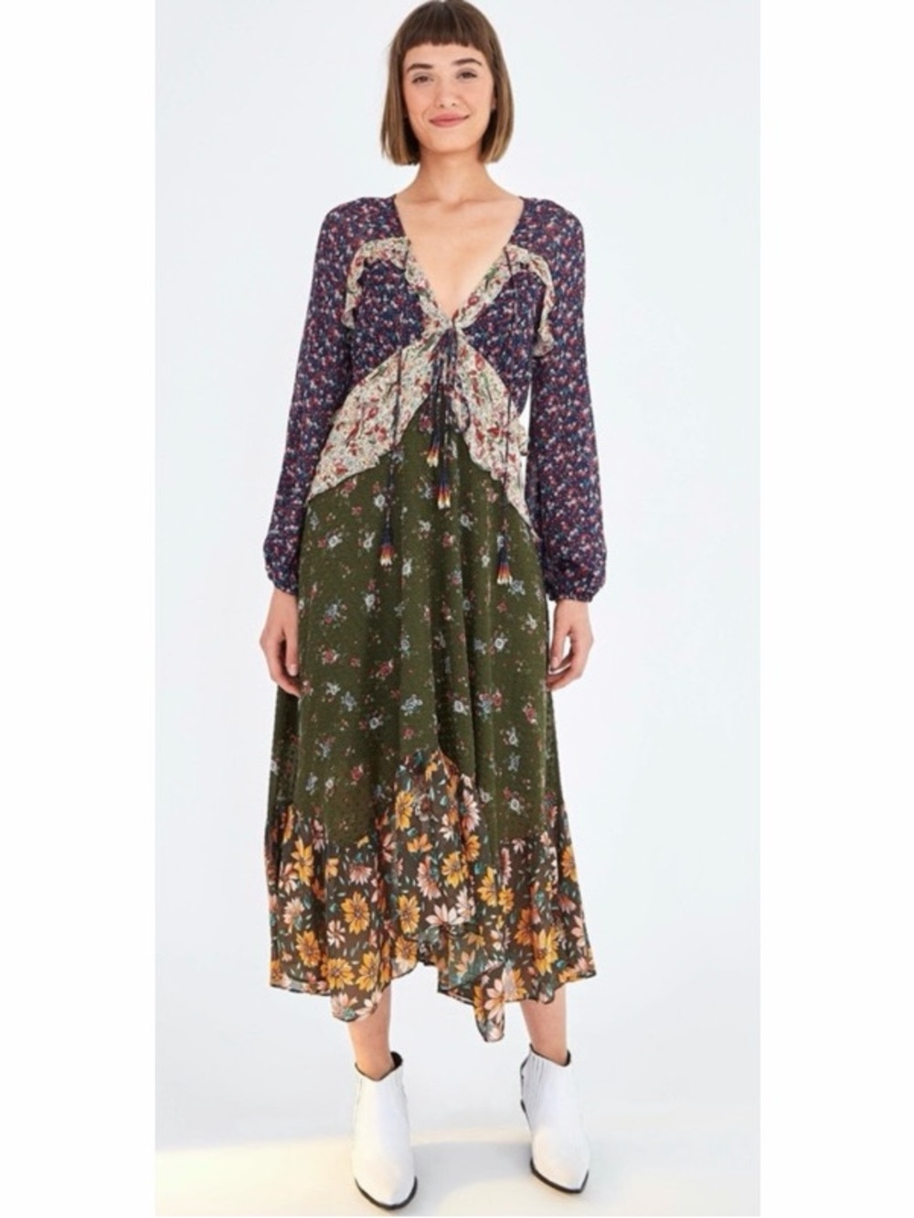 NWT Farm Rio Mixed Liberty Ruffle Silk Midi Dress Beaded Womens Size L